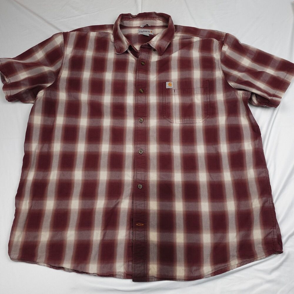 Carhartt Plaid Shirt Men 2XL Button Up Short Sleeves Red Color Pocket Front